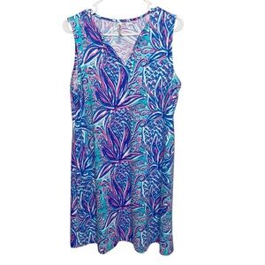 Lulu B Dress Womens Large Nylon Stretch Tropical Coastal Resortwear Beach Blue